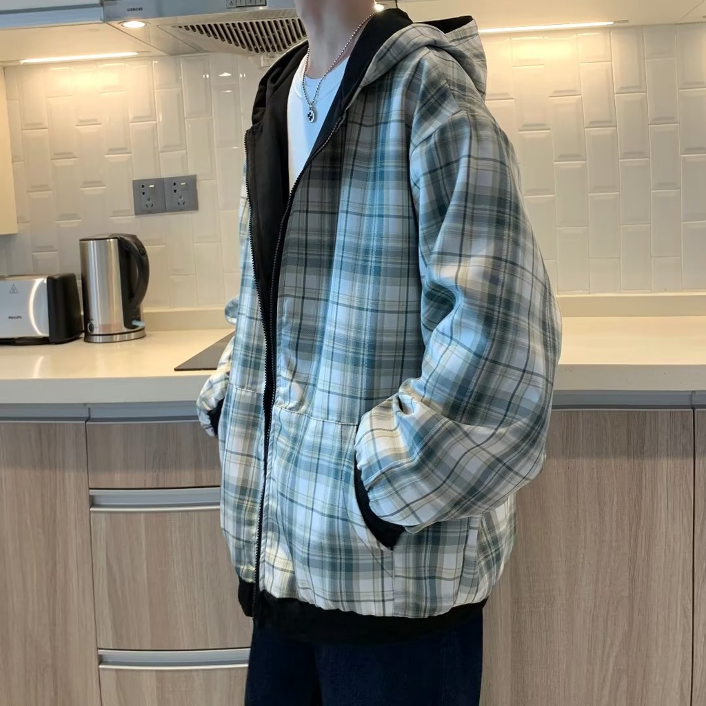 Áo Khoác Tay Dài Có Thể Đảo Ngược Họa Tiết Caro áo khoác hoodie Phong Cách Hàn Quốc áo khoác dây kéo Cổ Điển Thời Trang áo khoác nữ Thường Ngày Dành Áo hoodie Nam Nữ