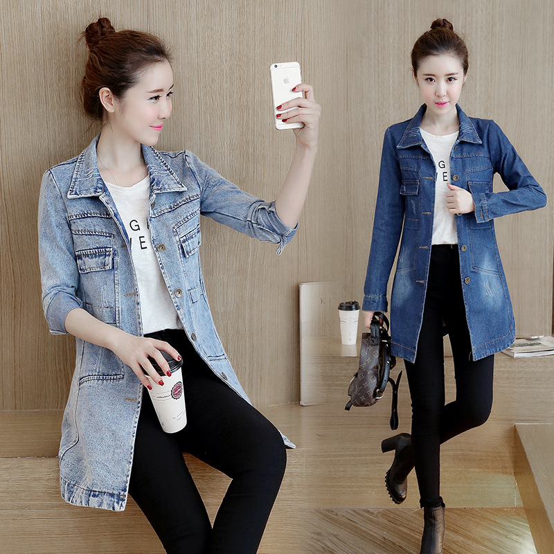 Korean Style Cotton Denim Tops Outwear Women Long-sleeved Denim Jacket Women's Slim Fit  Long Trench Coat Jacket