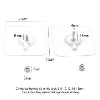 BỘ 2 MIẾNG MÓC DÁN TƯỜNG   TRONG SUỐT 72X72MM CÓ BU LÔNG ĐAI ỐC, GIÚP BẮT CÁC GIÁTREO KHÔNG CẦN KHOAN