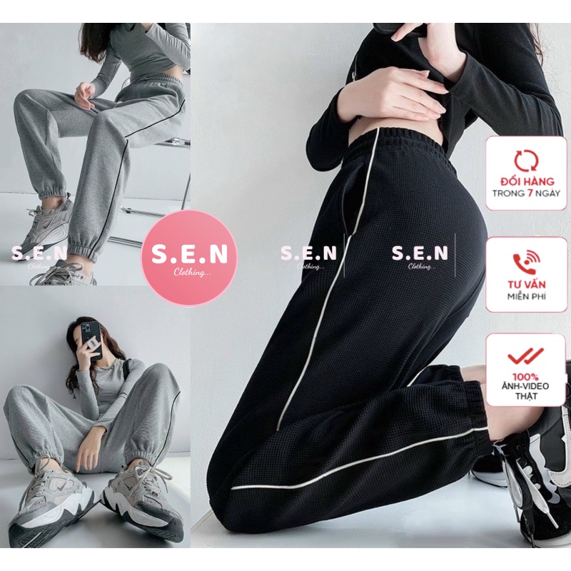 Quần tổ ong ống rộng bo gấu hoạ tiết sọc 2 bên