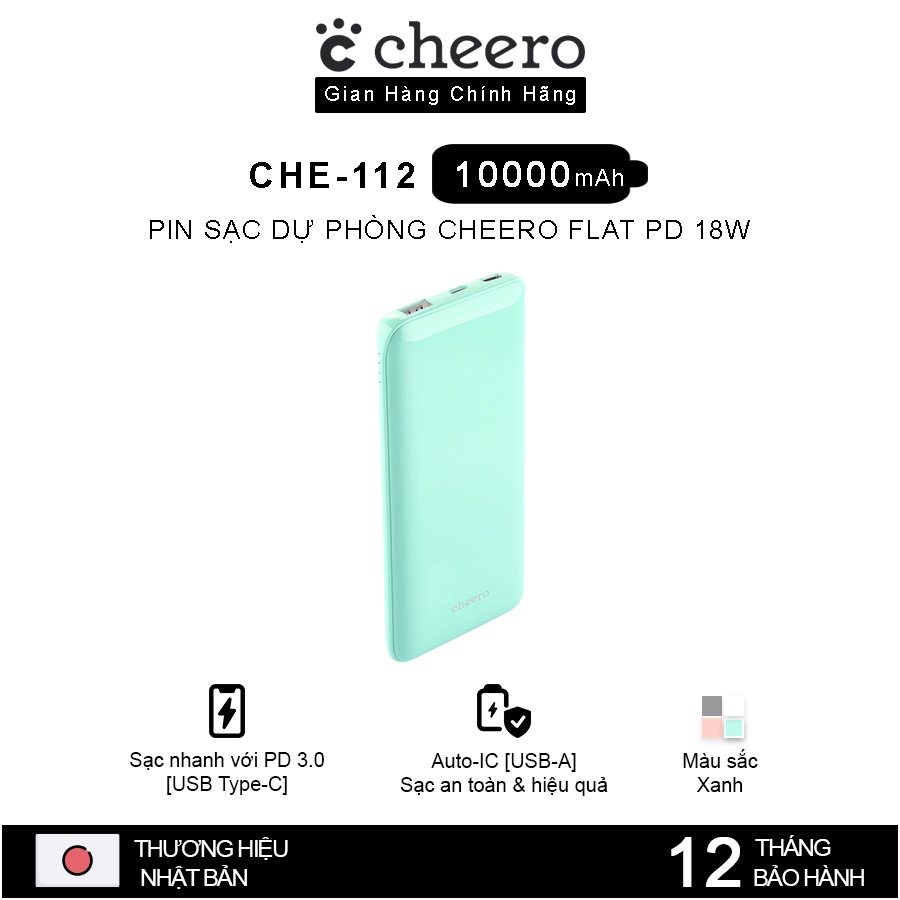 Pin Sạc Dự Phòng Sạc Nhanh Chuẩn Nhật CHEERO Flat 10000mAh Power Delivery 18W CHE-112 - Hàng Chính Hãng