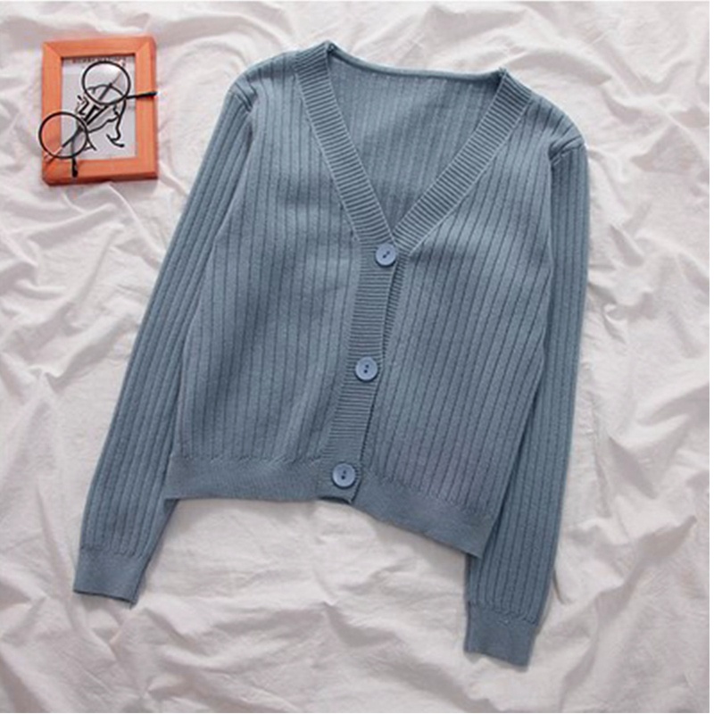 Áo Khoác Cardigan Dệt Kim Mỏng Tay Dài Cổ Chữ V Cài Nút Màu Trơn Cho Nữ