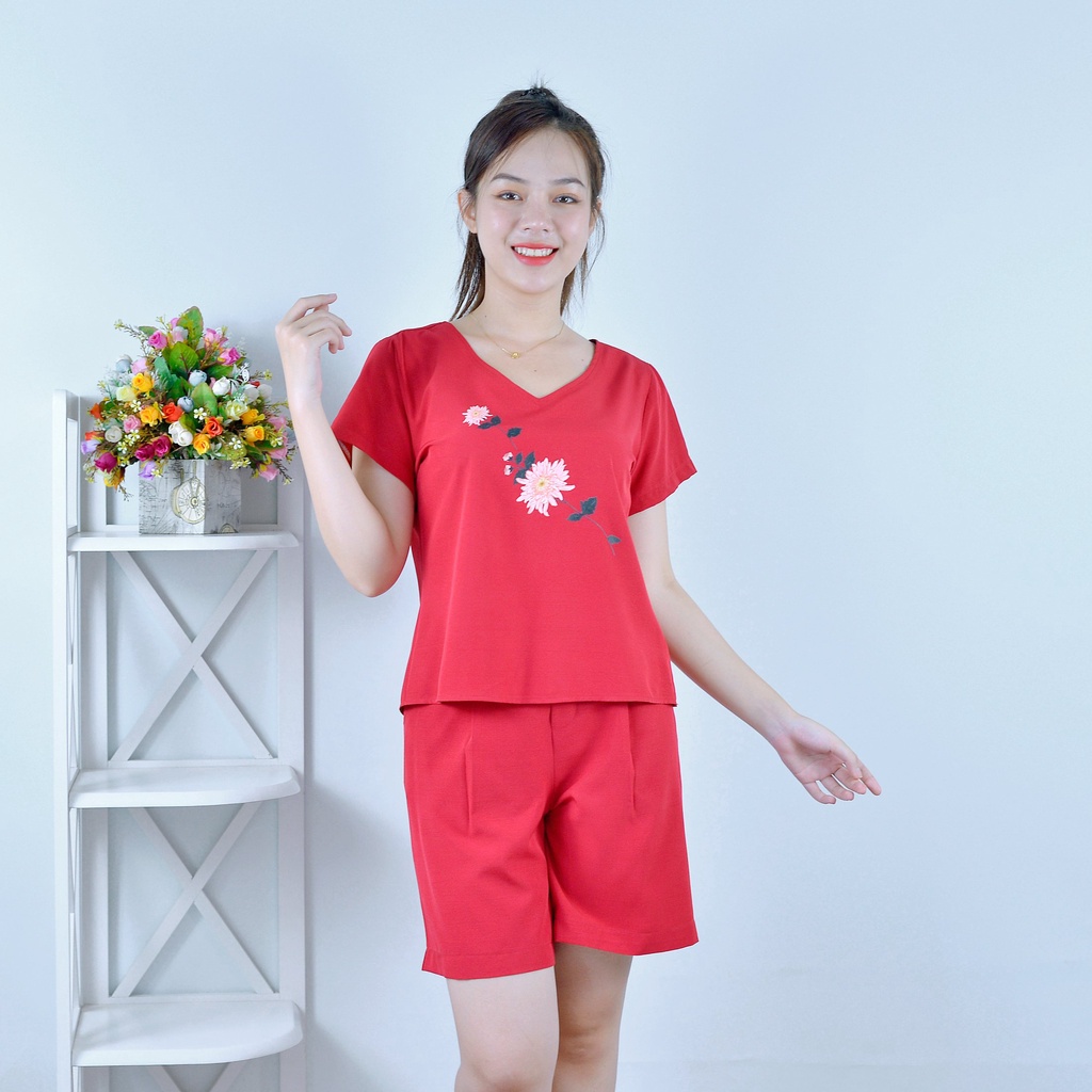 Bộ đồ nữ  MÀU ĐỎ CỔ TIM IN HOA  - vải lụa cao cấp - Cực Kì Sang Chảnh