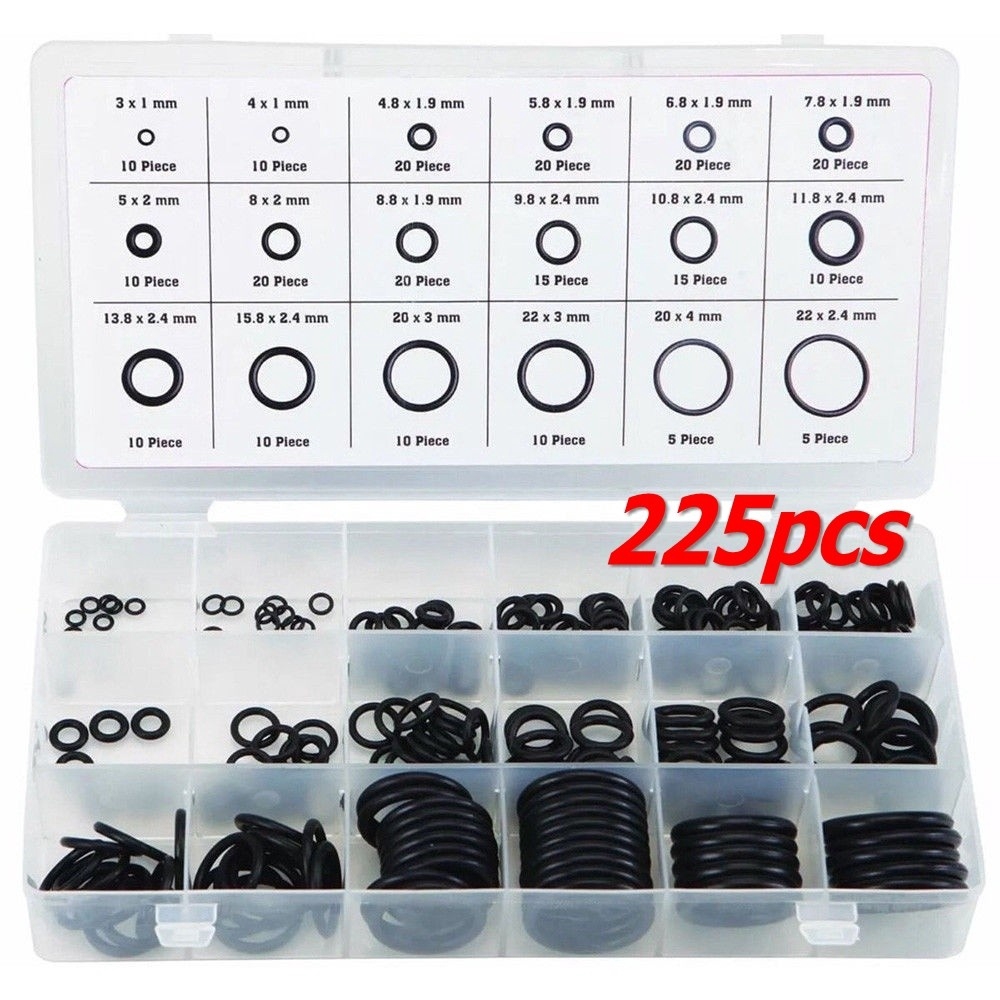 Set 225 Vòng Đệm Cao Su Đen 18 Kích Cỡ Đa Dạng