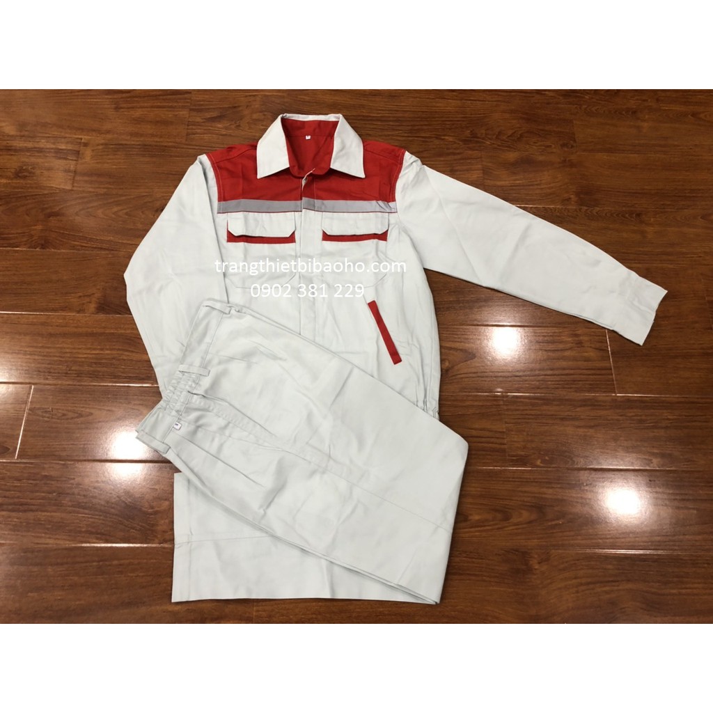 Bộ quần áo bảo hộ vải kaki màu ghi phối đỏ DN12 - hình thật