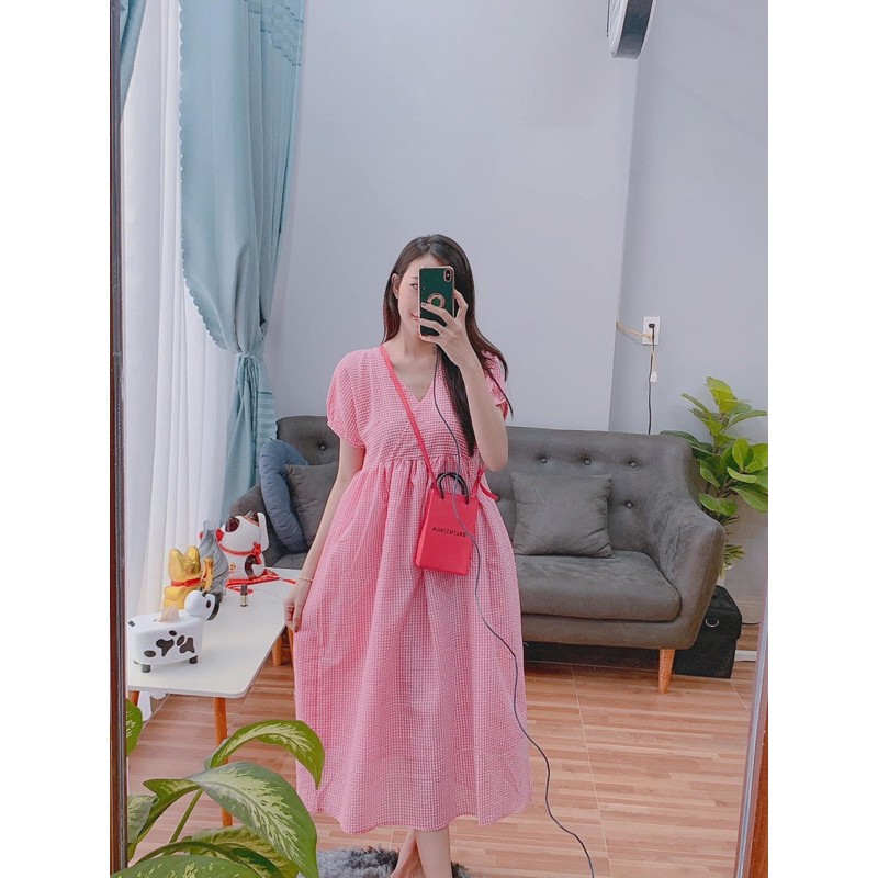 ĐẦM BABYDOLL CỔ TIM ĐẮP CHÉO CÁNH DƠI TAY PHỒNG DÁNG DÀI VẢI CARO NHÍ XỐP HÀN/ ĐẦM MAXI