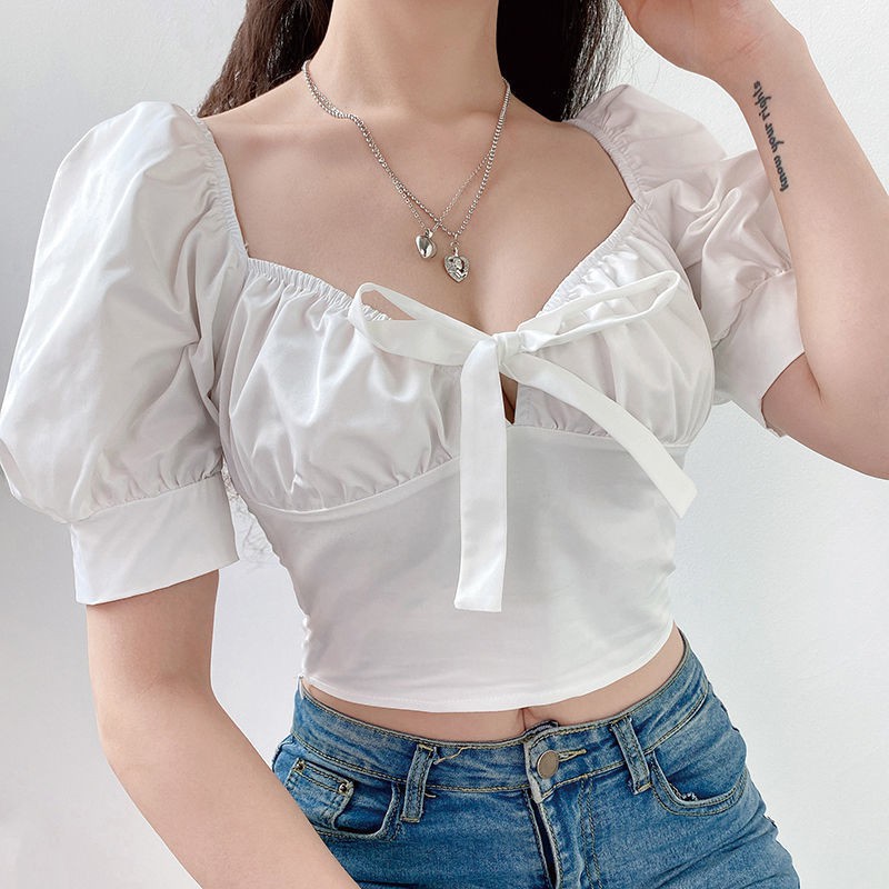 New Summer 2021 Retro Palace Style Back Lace Puff Sleeve Square Collar White Short Tops