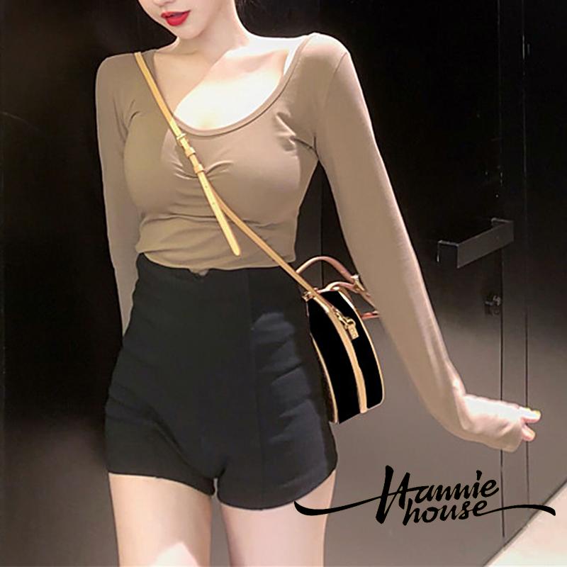 Áo thun cổ chữ U màu trơn hở lưng thời trang cho nữ