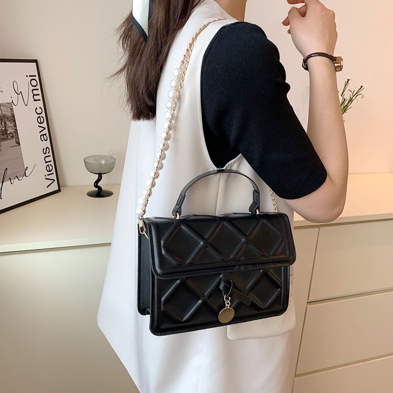 Túi đeo chéo JASMIN NOIR nắp gập họa tiết kẻ sọc có dây đeo sợi xích cho nữ