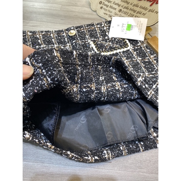 Chân váy dạ chữ A nhung kim tuyến đính ngọc , Chân váy dạ Tweed chữ A nắp túi