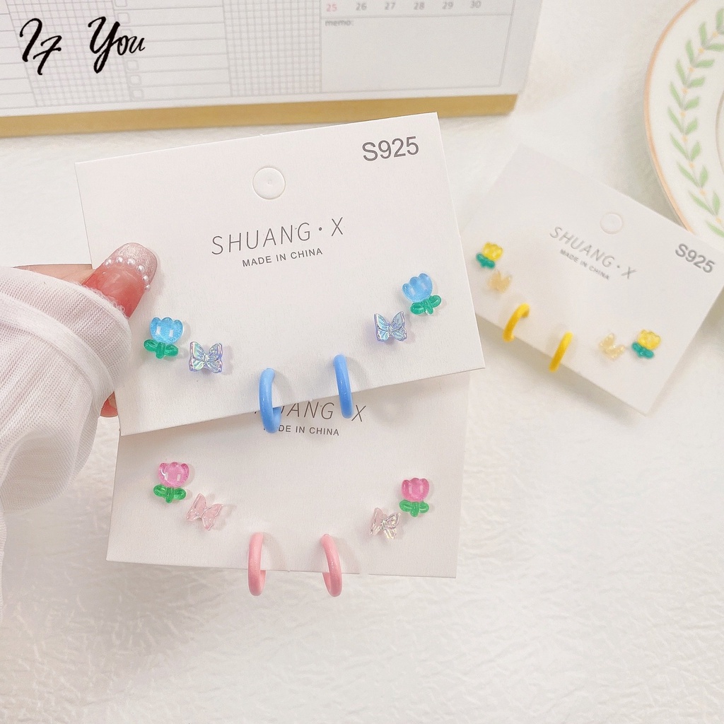 Set khuyên tai AY mạ bạc S925 thiết kế tulip hoa bướm đá pha lê nhân tạo nhiều màu sắc tùy chọn thời trang cho nữ