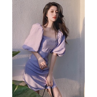 Đầm tím midi trễ vai tay Bồng Vintage ord