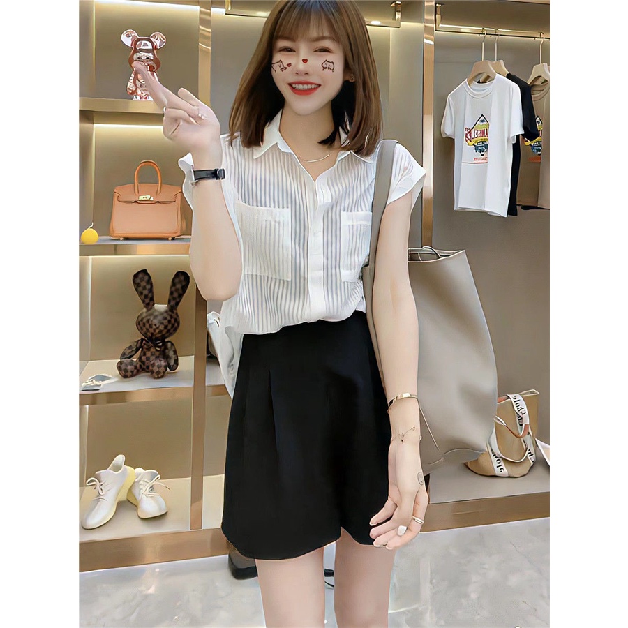 Áo Sơ Mi Dáng Rộng Họa Tiết Kẻ Sọc Dọc Đơn Giản Thời Trang Mùa Hè Cho Nữ