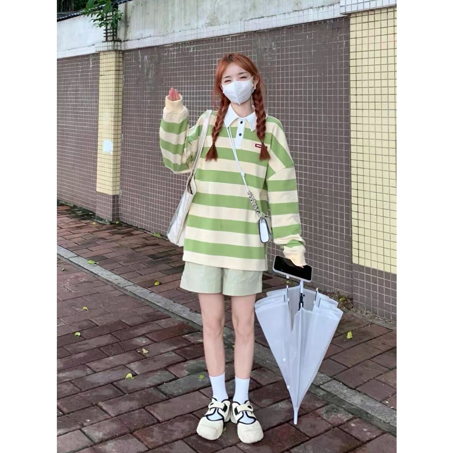 Áo Thun Sweater Mỏng Tay Dài Cổ Polo Dáng Rộng Kẻ Sọc Xinh Xắn Cho Nữ