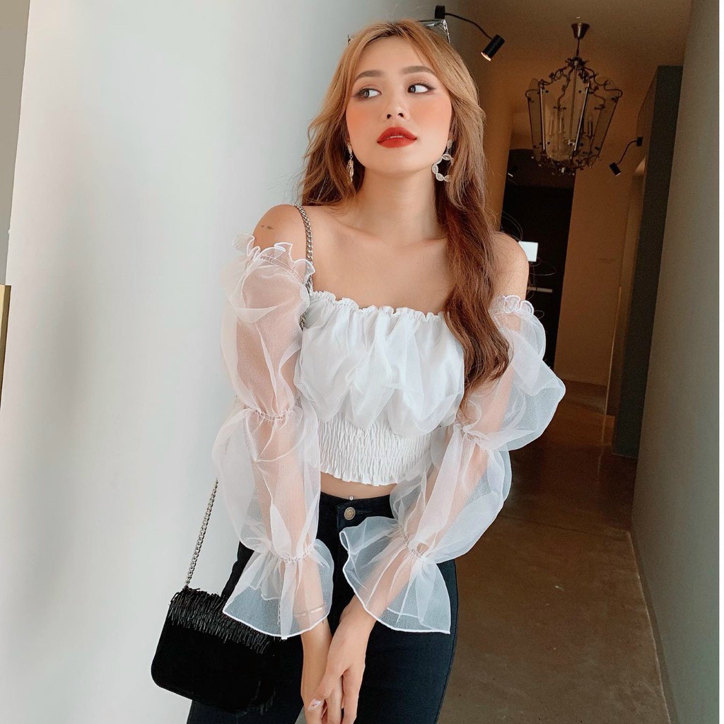 Áo trễ vai tay bồng nữ - áo bẹt vai nữ bo eo phối tay voan kiến -A0107 | BigBuy360 - bigbuy360.vn