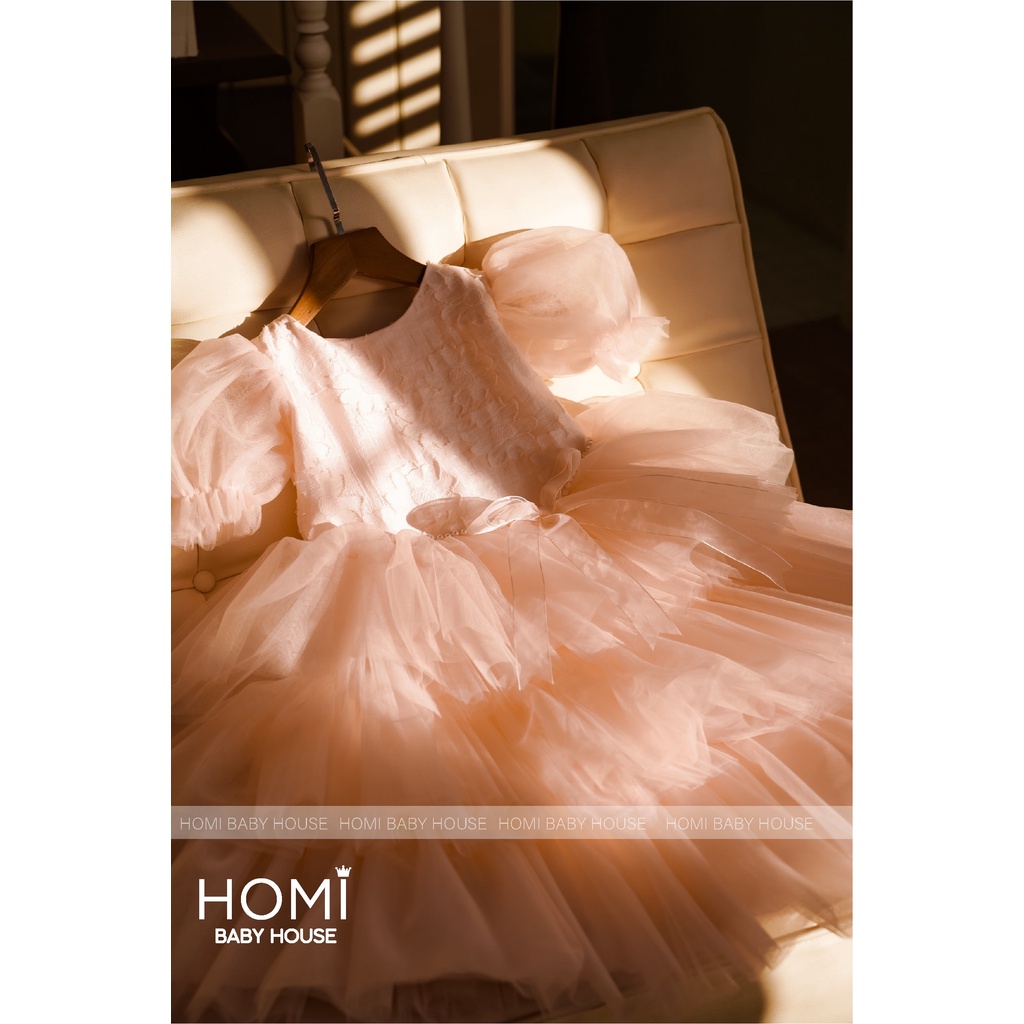Váy công chúa Rose cho bé gái HOMI BABY HOUSE đầm công chúa hồng tay phồng 3 tầng cho bé gái dự tiệc dạo phố