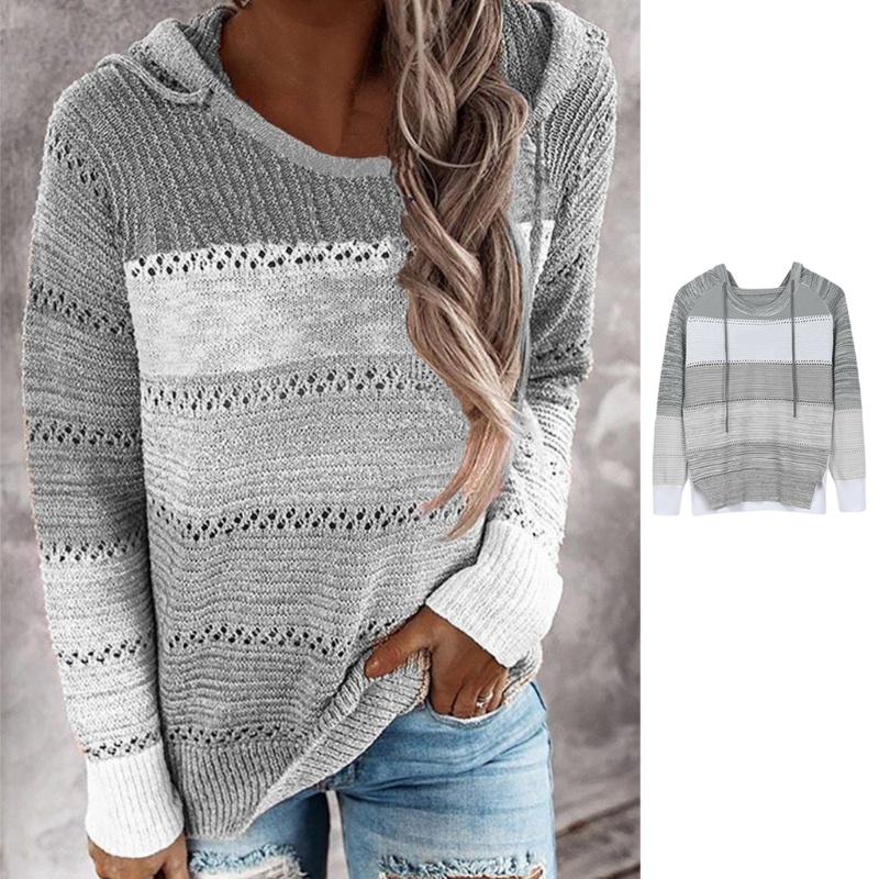 Áo Sweater Dệt Kim Cổ Tròn Tay Dài Họa Tiết Kẻ Sọc Khoét Lỗ Thời Trang Cho Nữ