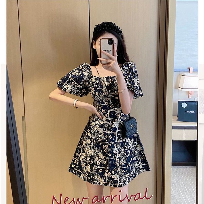 Đầm Tay Phồng Cổ Vuông In Họa Tiết Hoa Phong Cách Pháp Cổ Điển Thời Trang Cho Nữ