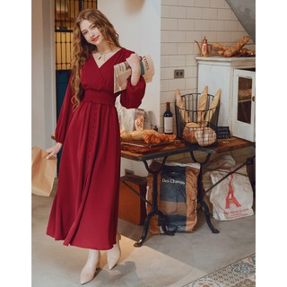 Váy dài cổ V nhấn eo đính nút bọc nữ Air Space 2040124068