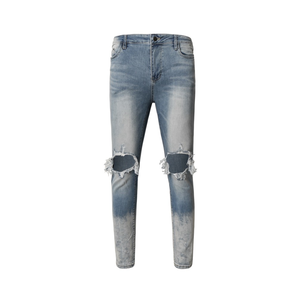 Quần Skinny Jeans Nam-Màu Xanh Phối Vệt Sơn Trắng-Rách Gối-Chất Liệu Cotton Co Giãn-Ống Đứng Dáng Ôm Chân Chuẩn Skinny