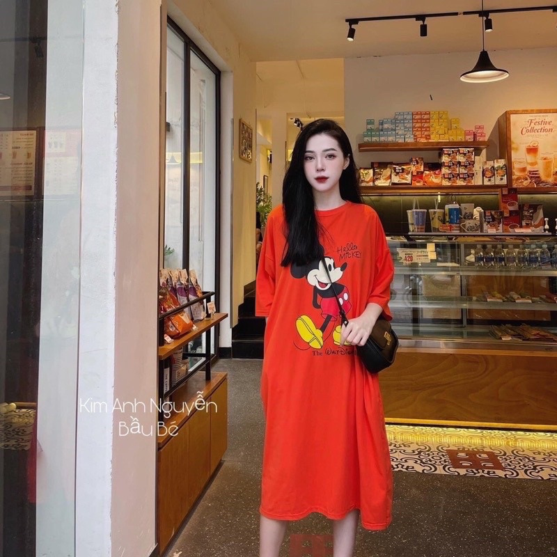 Đầm Vintage 3 Màu Đen Cam Trắng . Váy Xuông Tay Lỡ In Hình Micky Form Rộng Cá Tính Ulzzang