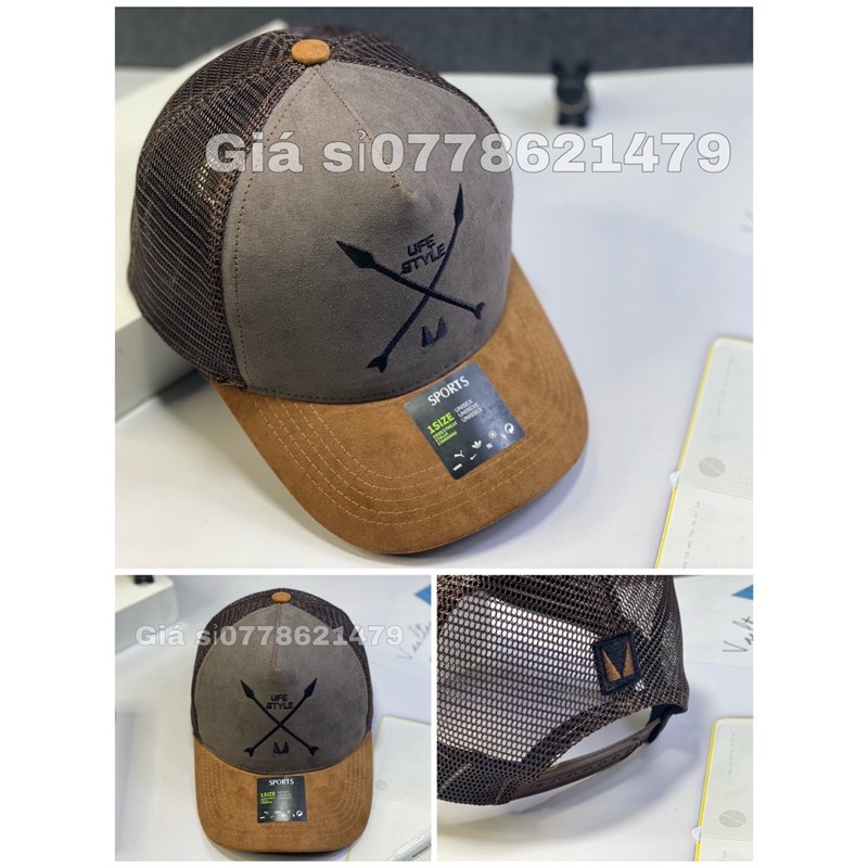 Nón kết phối lưới nâu mỏ bò thêu mũi tên thời trang