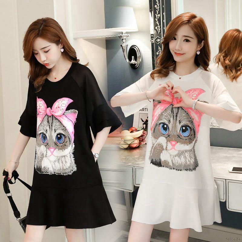 Đầm tay lỡ cổ tròn hoạ tiết mèo đáng yêu