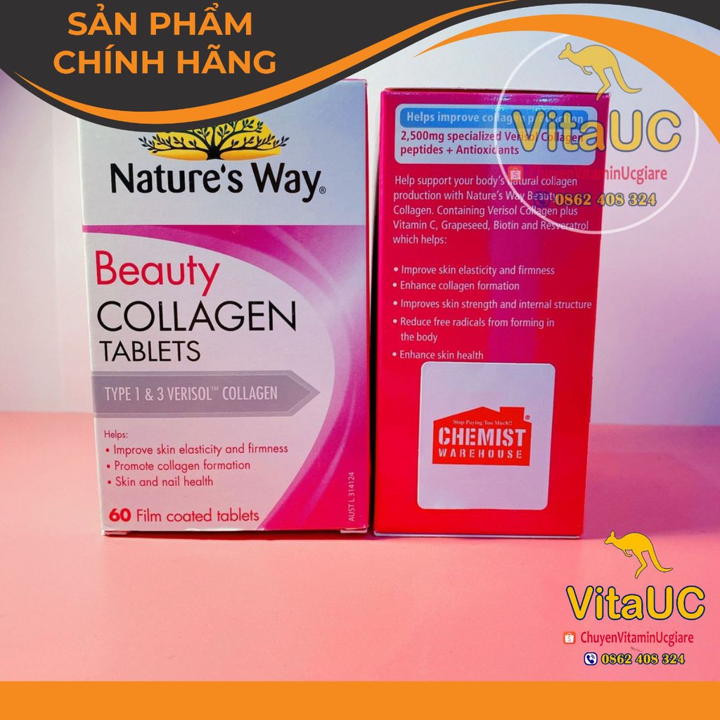 Viên uống đẹp da, tóc Collagen Natures Way của Úc, 60 viên - Beauty Collagen Booster Nature's Way - Đủ bill Chemist