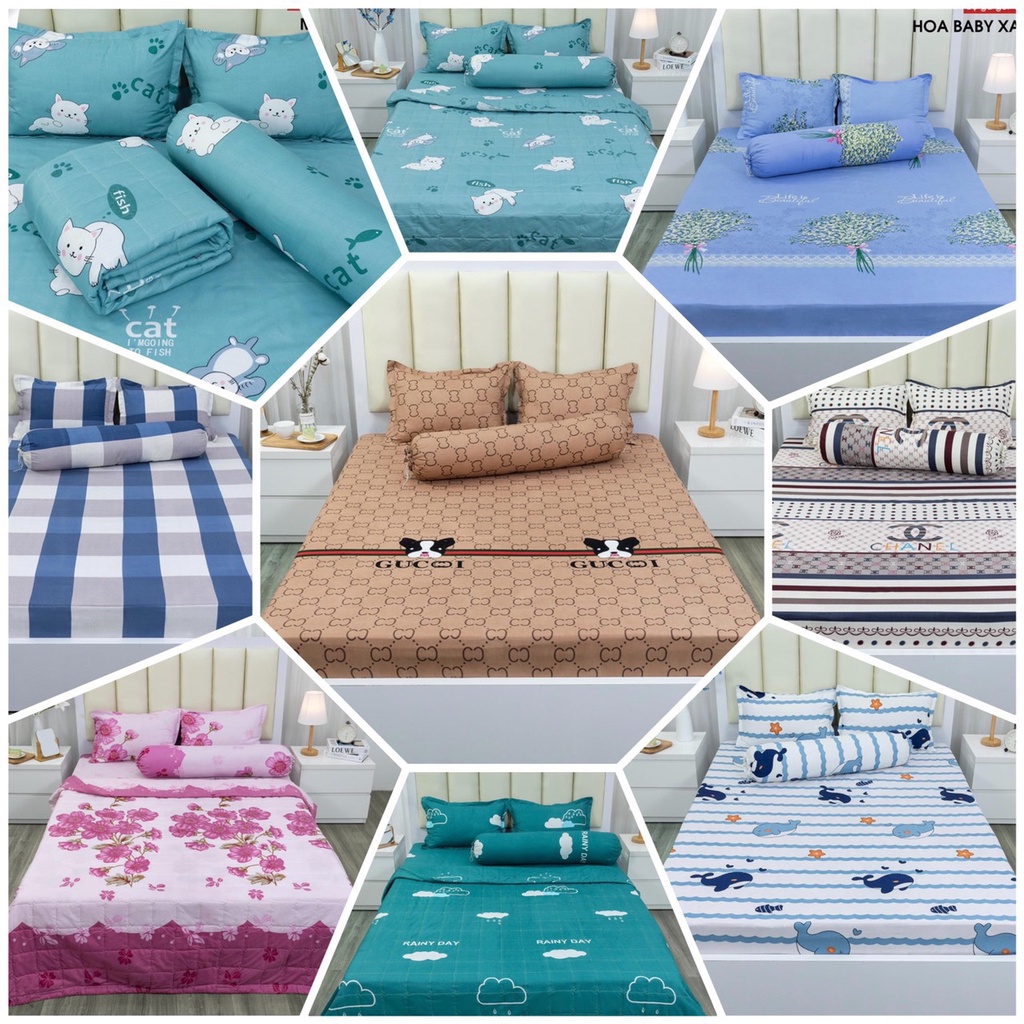 (Combo 5 Món) Chăn Hè - Cotton Poly Chăn Ga Gối Mùa Hè Gồm 1 Gối Ôm,2 Gối Đầu,1 Chăn Hè,1 Ga Chun Ga Chun
