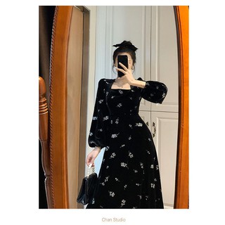 [Order] Váy nhung đen cổ vuông tay phồng maxi nền hoa hồng thiết kế (ảnh thật)