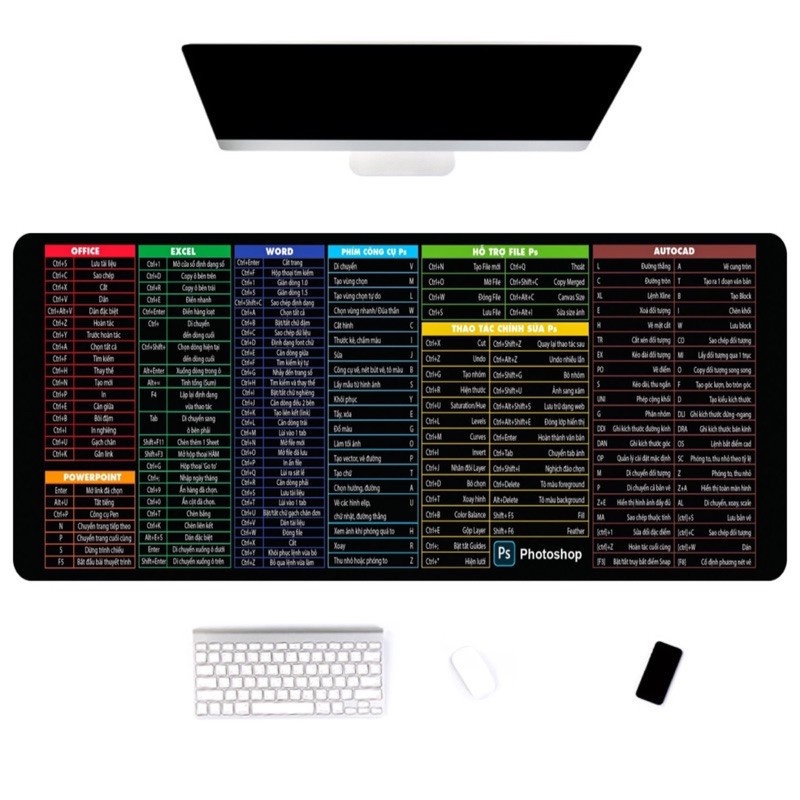 Lót chuột cỡ lớn 80x30cm dày dặn 3mm in công thức phím tắt cho dân văn phòng chống trơn trượt siêu bền siêu rẻ