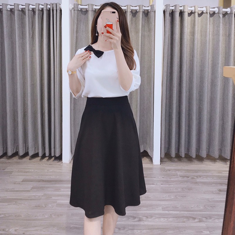 Áo sơ mi nữ công sở Cúc Fashion A637 trắng nơ tay lửng A631 nơ lệch