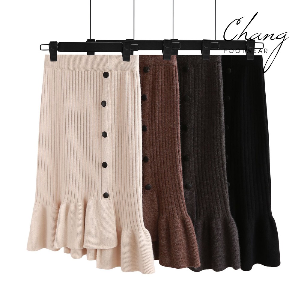 Chân váy len đuôi cá vạt lệch đính cúc | Hàng Quảng Châu cao cấp | Chân váy len Hàn Quốc mặc 2 kiểu