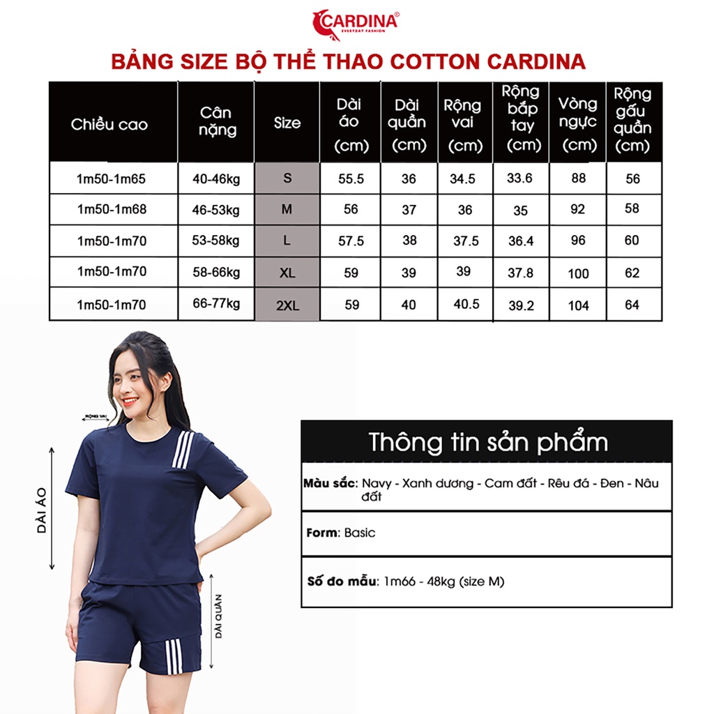 Đồ Bộ Nữ 𝐂𝐀𝐑𝐃𝐈𝐍𝐀 Chất Cotton Kiểu Dáng Thể Thao Cao Cấp Bộ Mặc Nhà Áo Cộc Tay Quần Đùi Sọc Nữ 2CF06