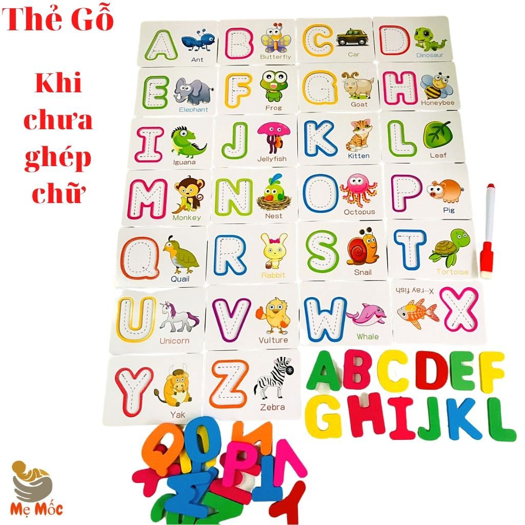 Thẻ Gỗ Ghép Chữ Cái Tiếng Anh-Đồ Chơi gỗ Xếp Hình Thông Minh-Flashcard Khắc Chữ Chìm Tặng 26 Chữ Cái Gỗ+Bút Thần Kỳ