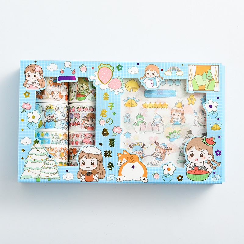 Hộp Sticker Cute, Washi Tape Sticker Cô Gái kute Set 10 Washi tape 10 Stickers Trang Trí Sổ Tay