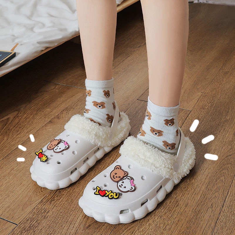Dép Crocs Vải Nhung Giữ Nhiệt Mùa Thu Đông Có Thể Tháo Rời [Không Kèm Giày]