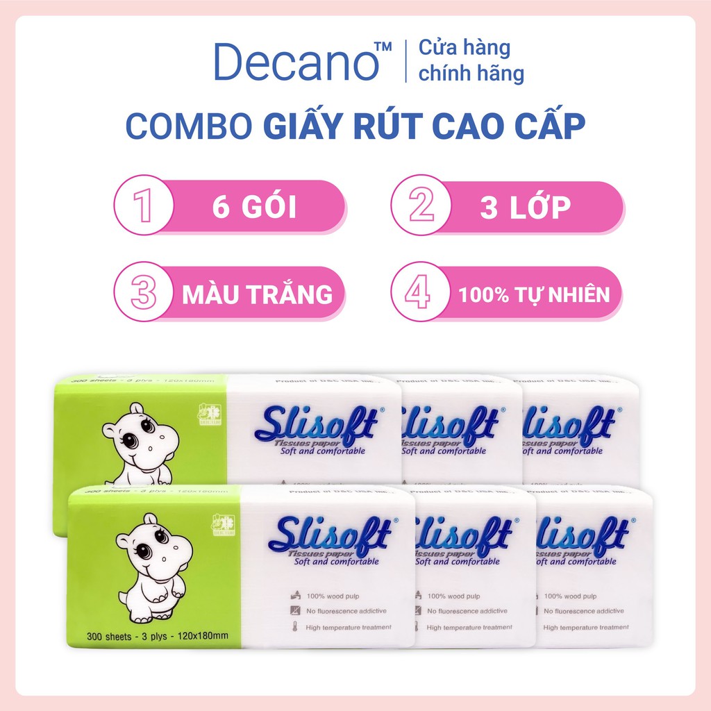 Combo 6 gói khăn giấy Slisoft trắng tự nhiên không chất tẩy trắng gói 300 tờ 3 lớp thân thiện với môi trường Decano