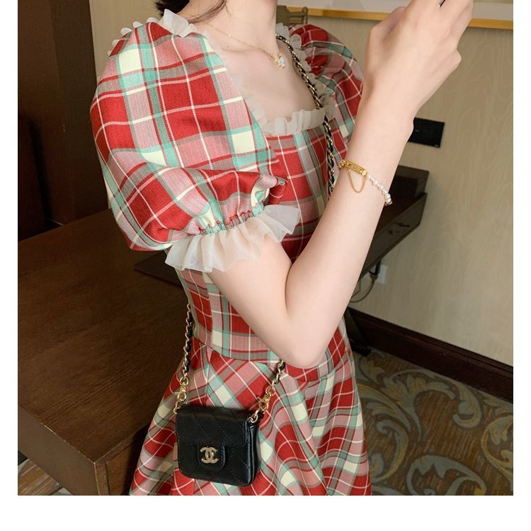 Large Size Dress Retro Plaid Red Dress Square Mouth Bubble Sleeve French Skirt 2020 New Summer | BigBuy360 - bigbuy360.vn