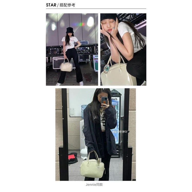 Túi Xách Da Sáp Dầu Thiết Kế Hàn Quốc Jennie the Same Nieeh Hình Vuông Màu Đen Kem