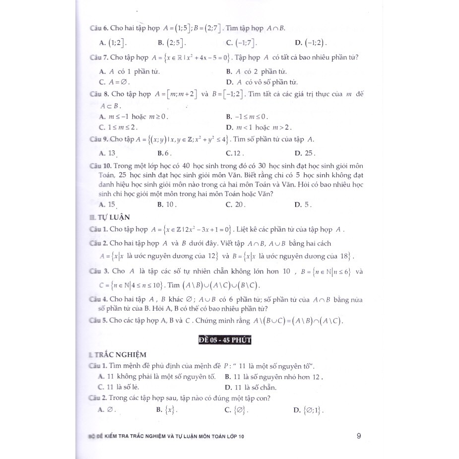 Sách - Bộ đề kiểm tra trắc nghiệm và tự luận môn Toán lớp 10