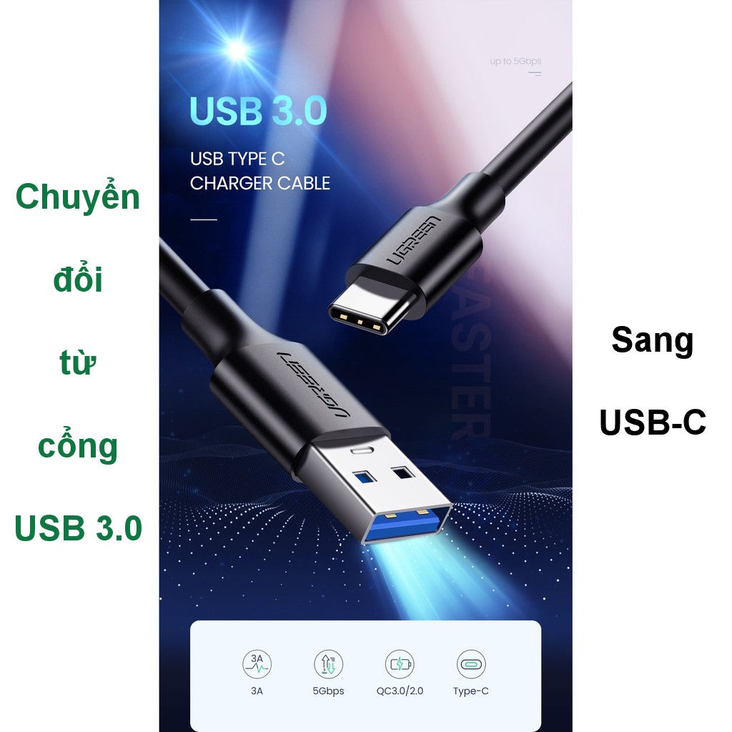 Dây cáp sạc và truyền dữ liệu tốc độ nhanh USB 3.0 sang USB type C, dòng 3A, dài 0.25-2m UGREEN US184