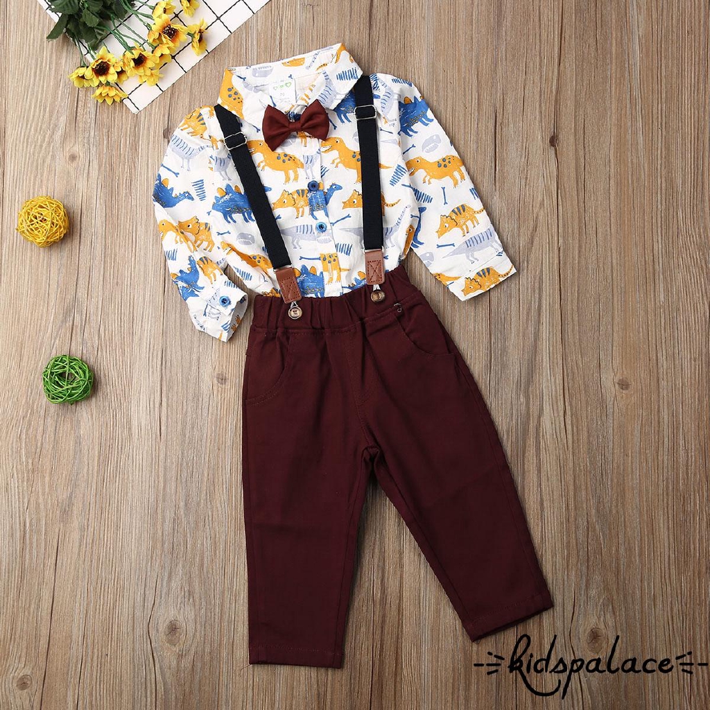 ➤♕❀❤Baby Boy Cartoon Dinosaur Print Bowtie Romper and Strap Trousers Set Infant Long Sleeve Jumpsuit Bib Pants Two