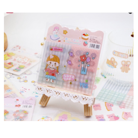 Set 4 tờ sticker dạng washi nhám độc đáo thỏ, gấu, bong bóng trò chuyện hoạt hình dễ thương