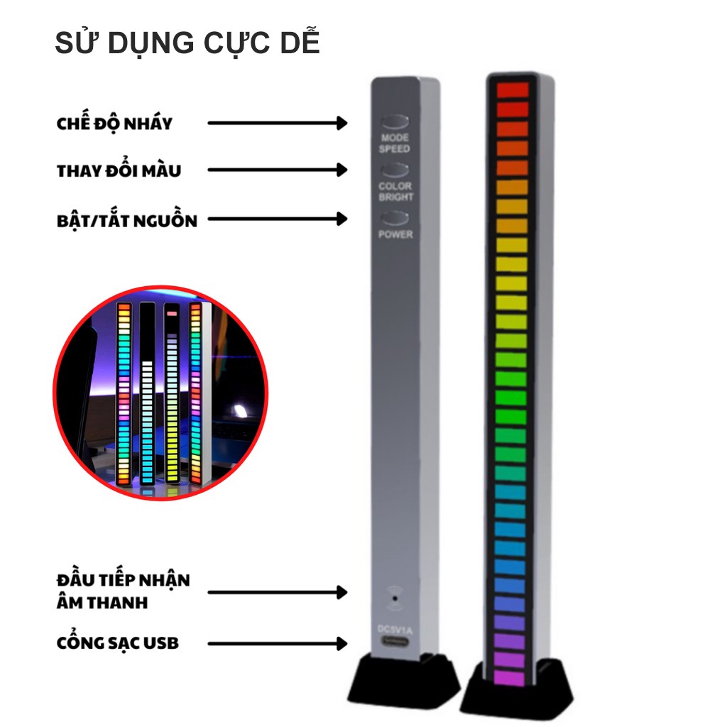 Thanh đèn LED RGB nháy theo nhạc cảm ứng âm thanh 16 triệu màu dùng trang trí máy tính, decor phòng, gắn trong ô tô