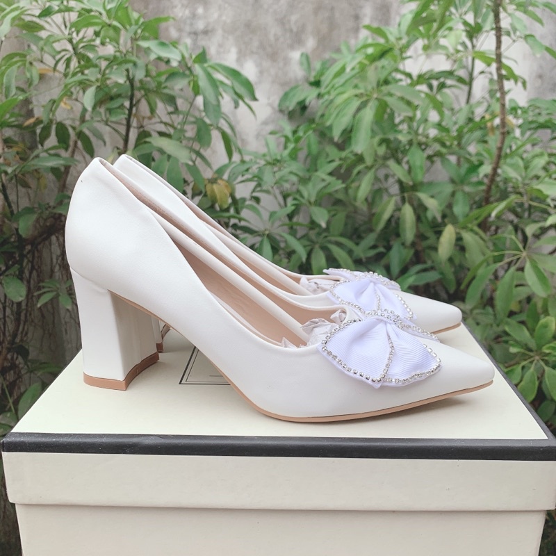 Giày Cao Gót Nữ đính Nơ cao 7 phân, giày công sở chất da mềm mũi nhọn mã cg7p