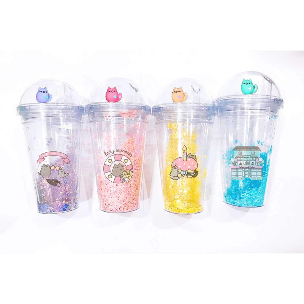 cốc 2 lớp kim tuyến pusheen khủng long nắp cầu CNCKI2 cốc giữ nhiệt ly 2 lớp nắp cầu cốc làm lạnh dễ thương 500ml