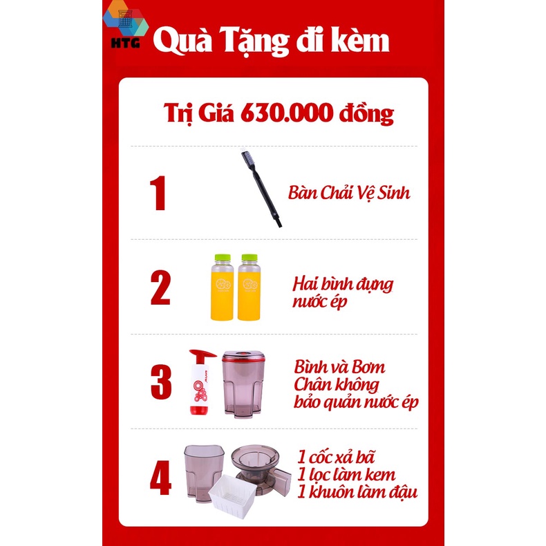 Máy ép chậm trái cây, rau củ, làm kem SAVTM JE220-08MOO công nghiệp, động cơ không chổi than, bản 250W, 37 vòng/phút