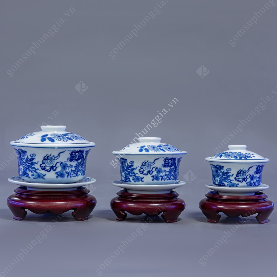 Bát nước họa tiết RỒNG men Lam Trắng Trơn, đồ thờ cúng Phùng Gia - Gốm sứ Bát Tràng cao cấp
