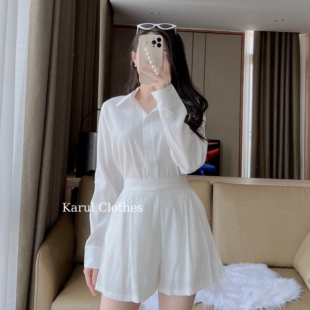 Sét bộ sơ mi nữ  phối quấn shorts màu  trắng chất đũi mát , sét áo sơ mi và quàn đùi trắng đi biển